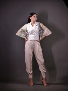 Giza cotton and Silk Organza Cape style Shirt and Banana Crepe Trousers