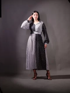 Block printed Polka and Stripe Cut and Sew Detail Dress