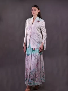 Matka Silk Printed Jacket wth embroidery highlight paired with printed cotton skirt