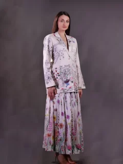 Matka Silk Printed and Embroidered Jacket paired with printed cotton skirt