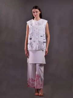 Printed Waistcoat with embroidery highlight and Kantha Embroidery Trousers