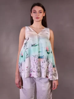 Silk Organza Printed Top with Cotton Trousers