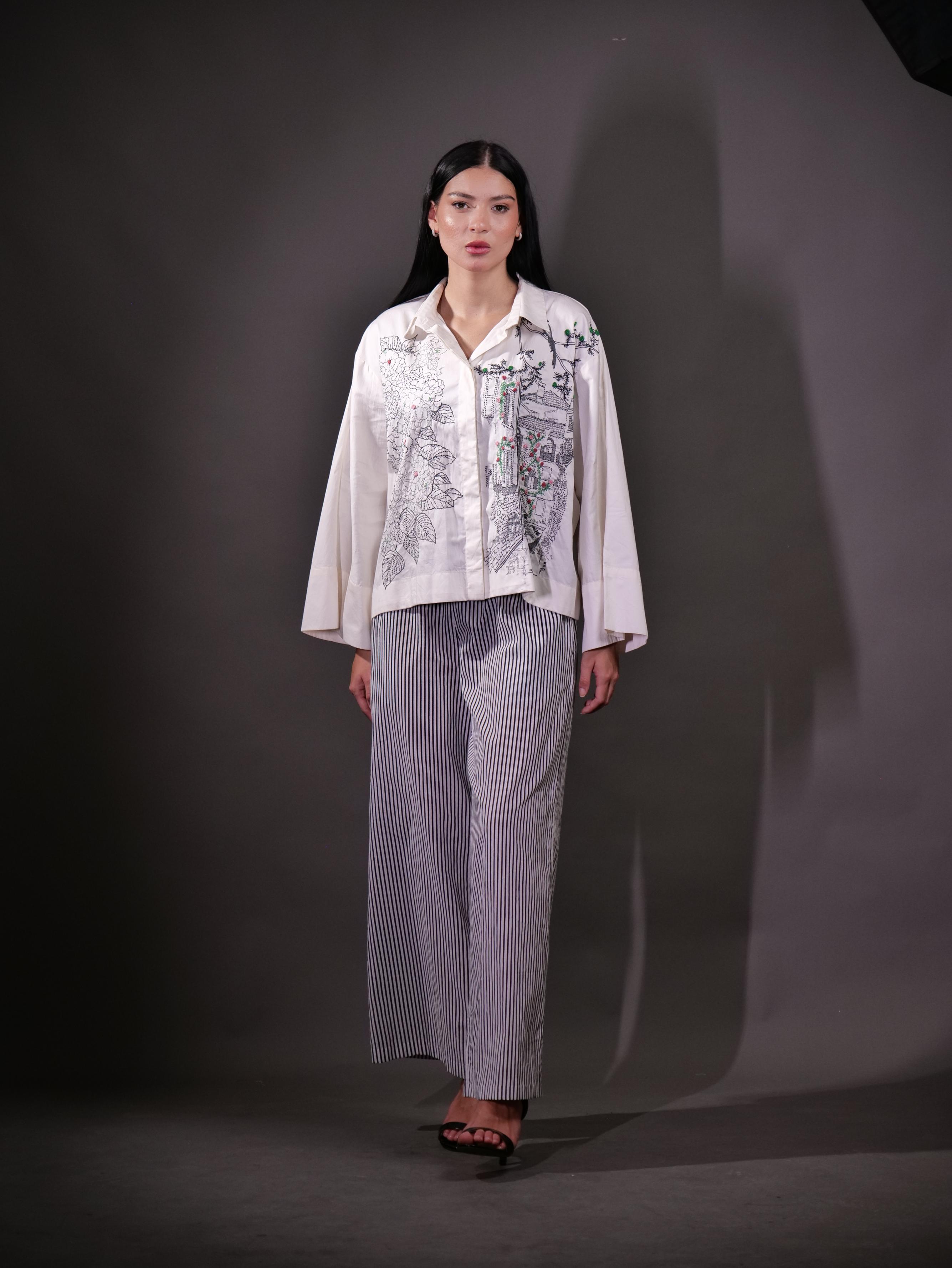 Kantha Embroidery Giza Cotton Shirt and Block Printed stripe Trouser