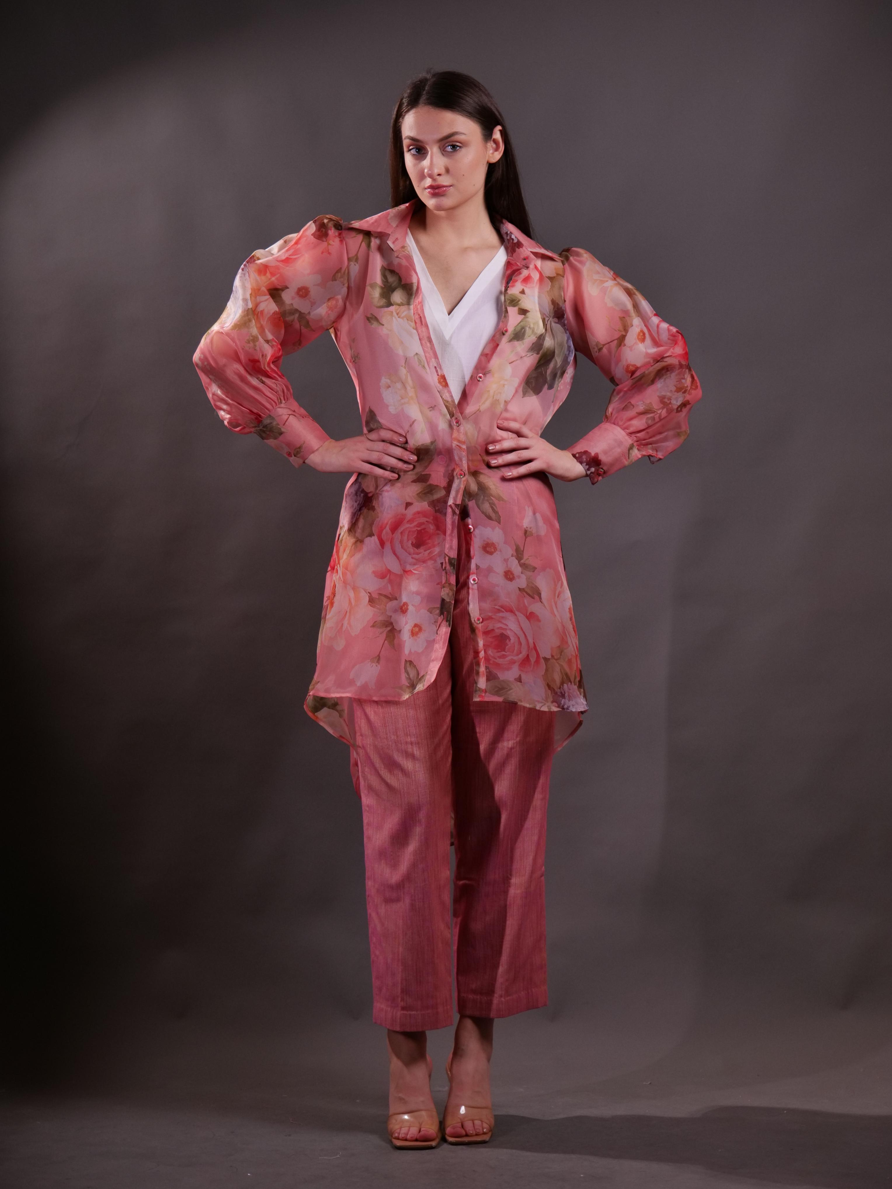 Printed Organza Overshirt layered over Solid Top and Trousers